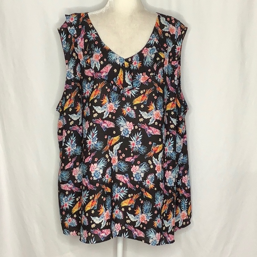 Sleeveless Ruffle Floral Bird Blouse Size 3X